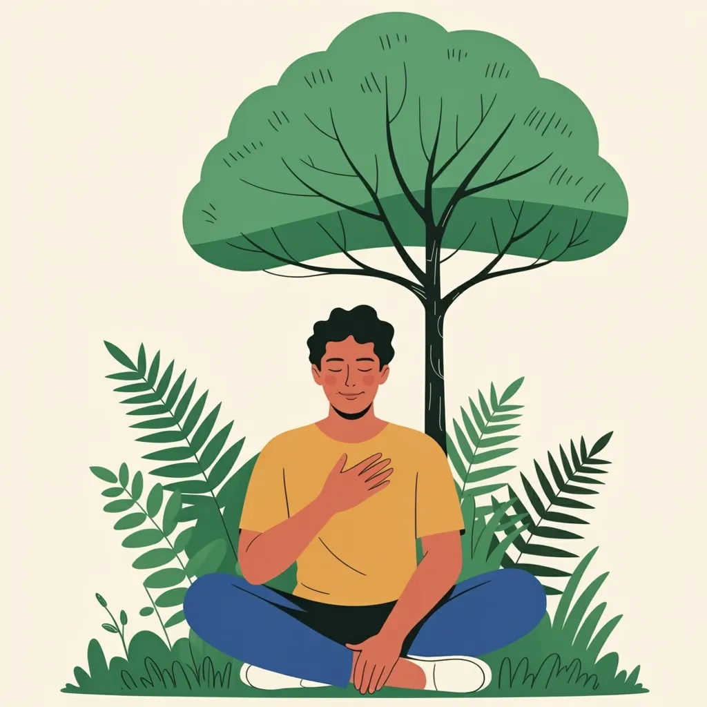 A person sitting calmly beneath a tree, hand resting on their chest