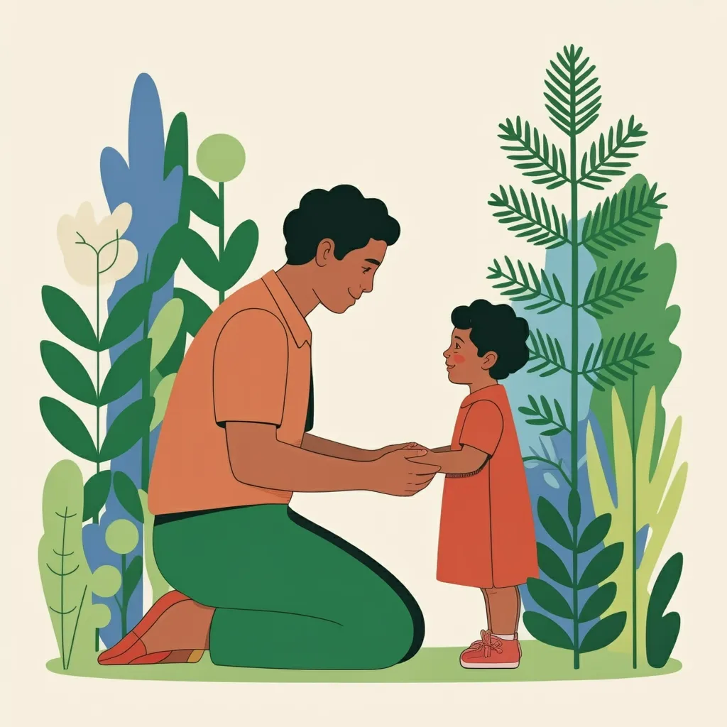 A parent kneeling to hold hands with a small child among plants