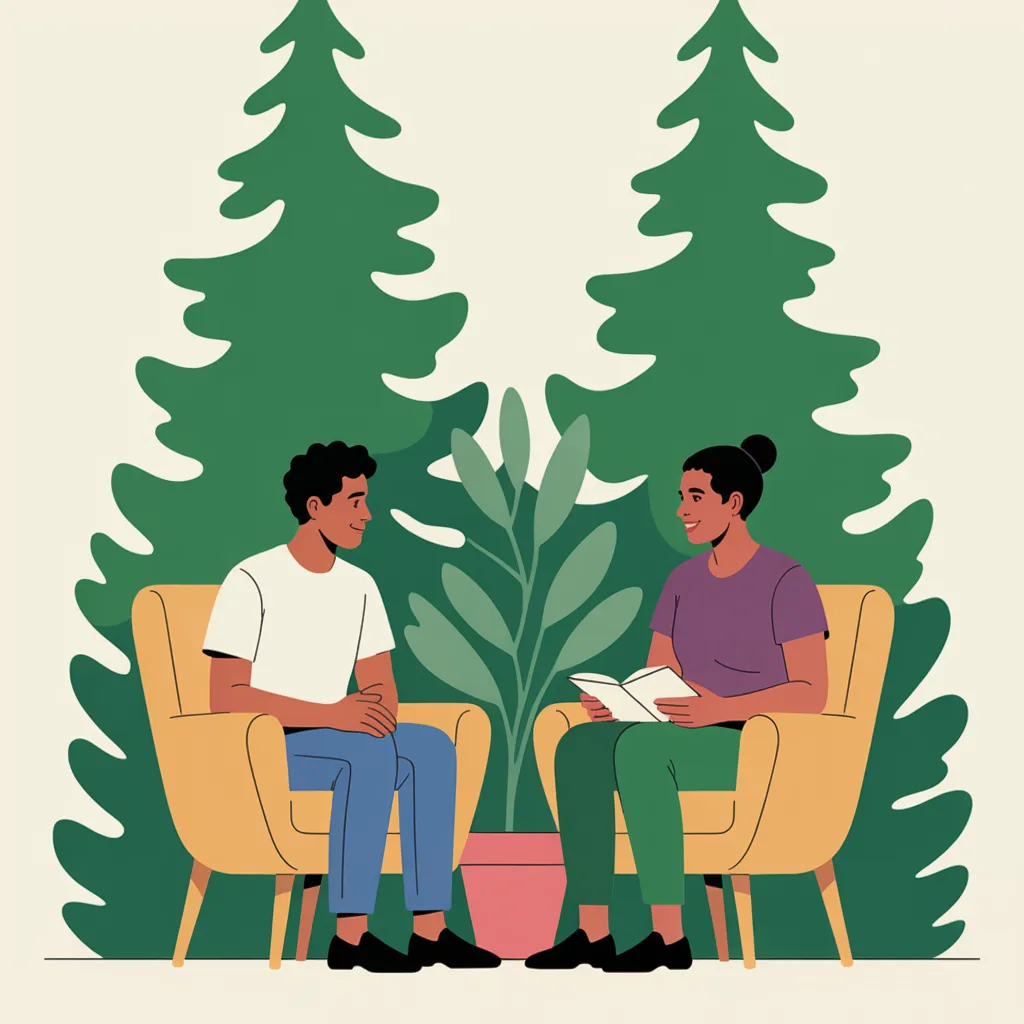 Two people in armchairs talking warmly, a plant between them