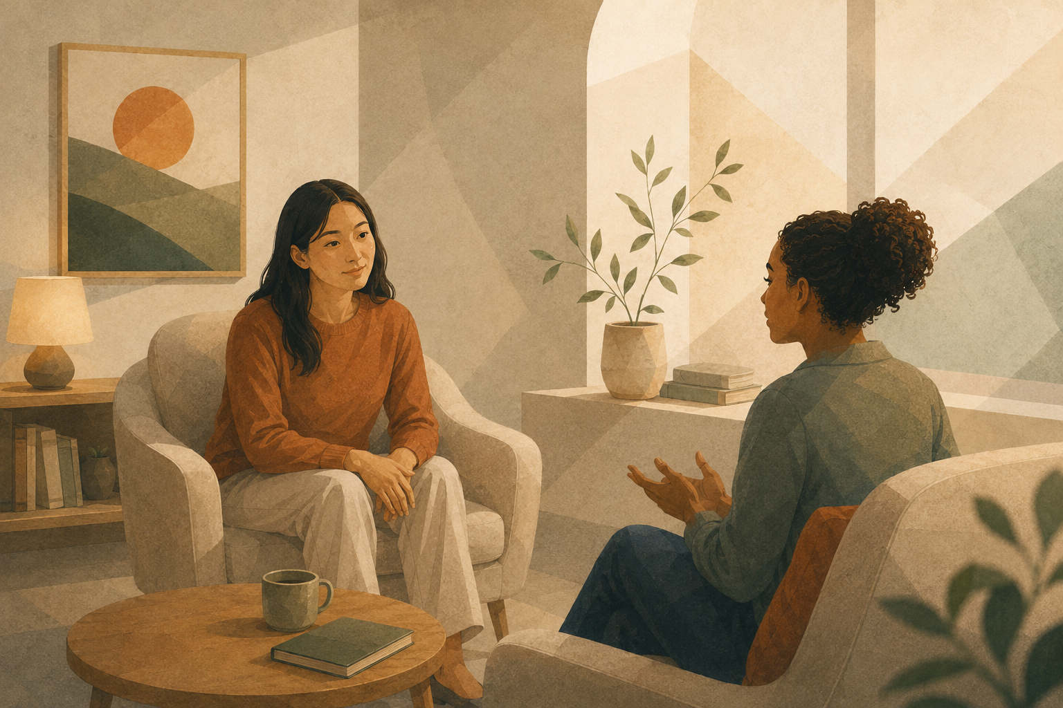 Two therapists in conversation in a warm, calm room